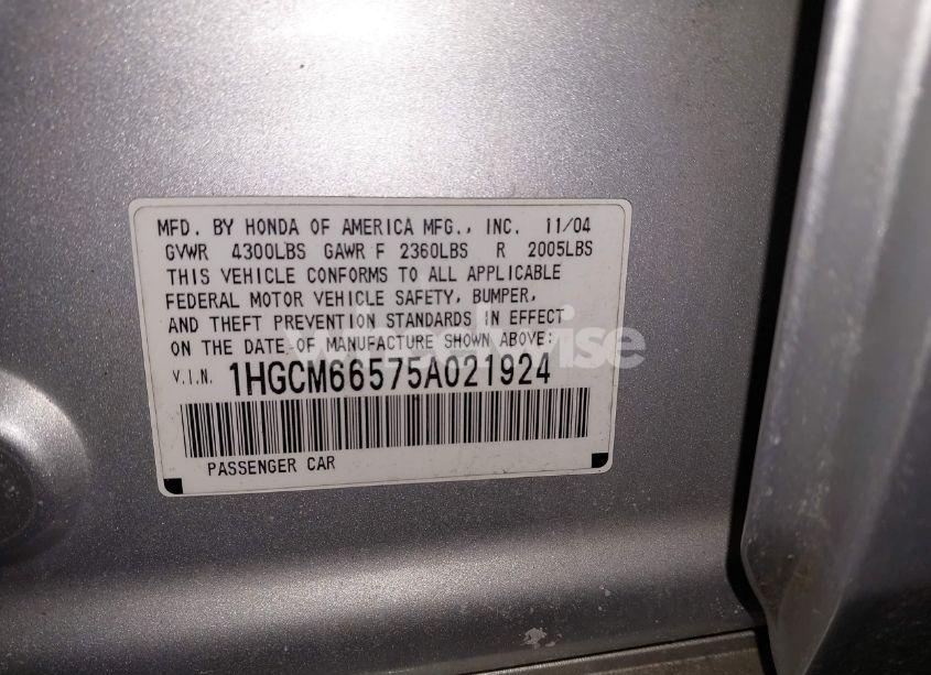 Photo 9 of 2005 Honda Accord 3.0 EX (VIN 1HGCM66575A021924)