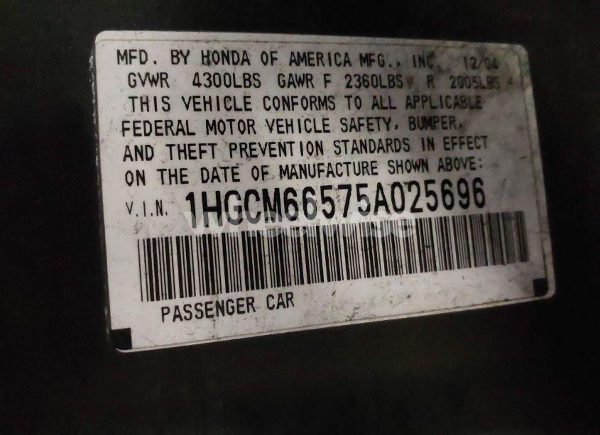 Photo 9 of 2005 Honda Accord 3.0 EX (VIN 1HGCM66575A025696)