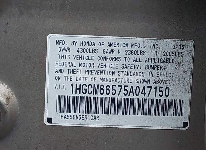Photo 9 of 2005 Honda Accord 3.0 EX (VIN 1HGCM66575A047150)