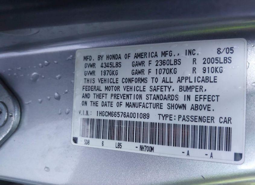 Photo 9 of 2006 Honda Accord 3.0 EX (VIN 1HGCM66576A001089)