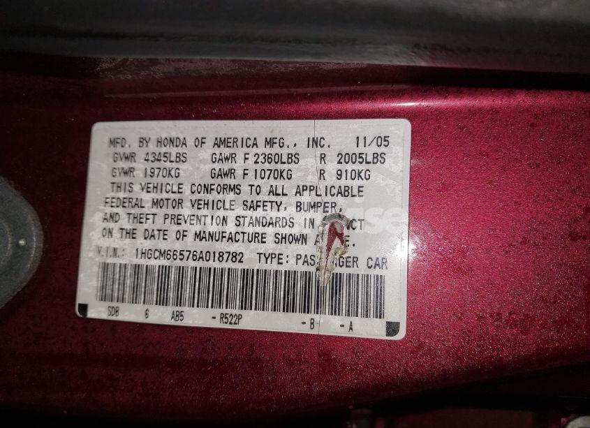 Photo 9 of 2006 Honda Accord 3.0 EX (VIN 1HGCM66576A018782)