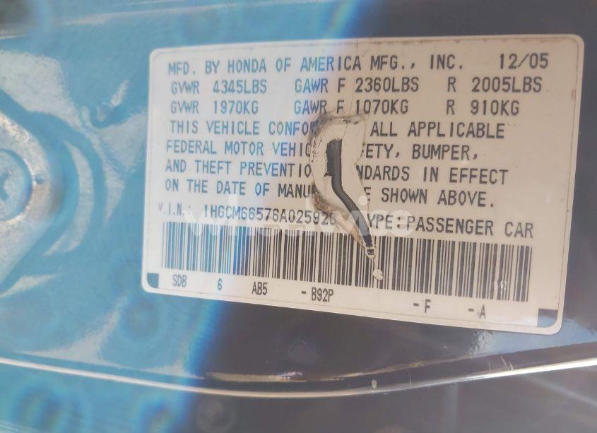 Photo 9 of 2006 Honda Accord 3.0 EX (VIN 1HGCM66576A025926)