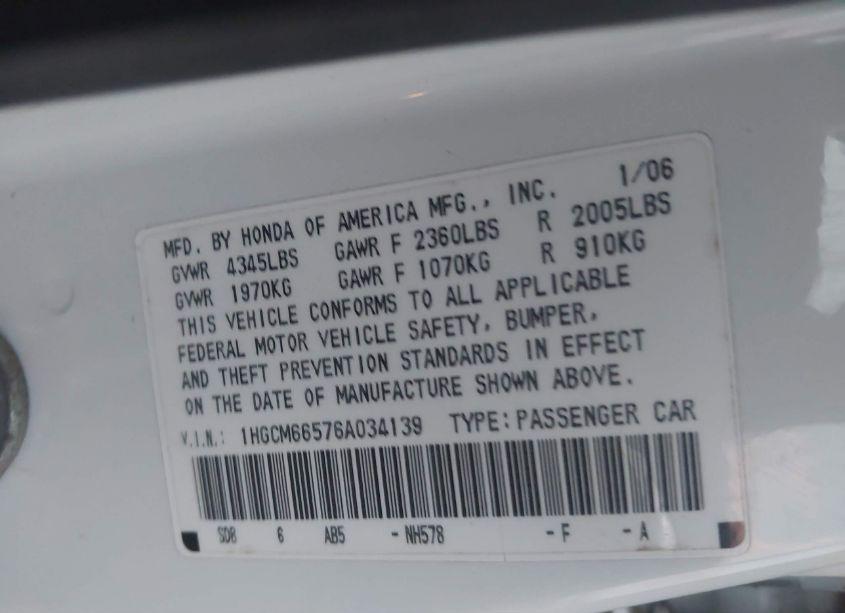Photo 9 of 2006 Honda Accord 3.0 EX (VIN 1HGCM66576A034139)