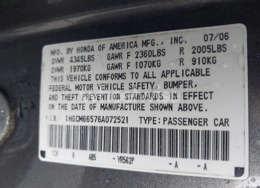 Photo 9 of 2006 Honda Accord 3.0 EX (VIN 1HGCM66576A072521)