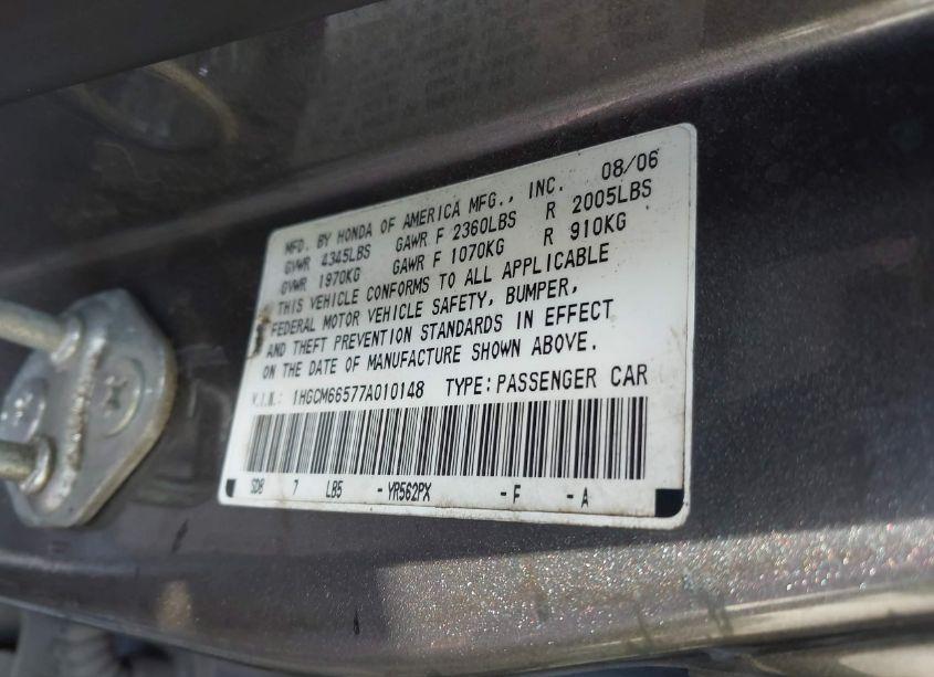 Photo 9 of 2007 Honda Accord 3.0 EX (VIN 1HGCM66577A010148)