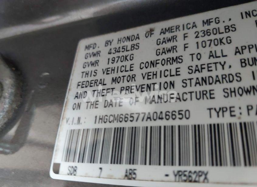 Photo 9 of 2007 Honda Accord 3.0 EX (VIN 1HGCM66577A046650)