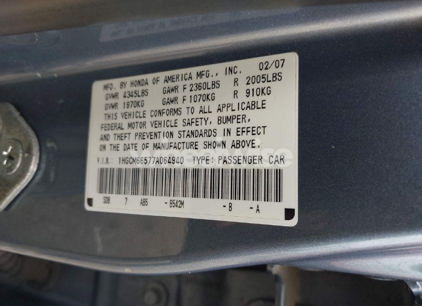 Photo 9 of 2007 Honda Accord 3.0 EX (VIN 1HGCM66577A064940)