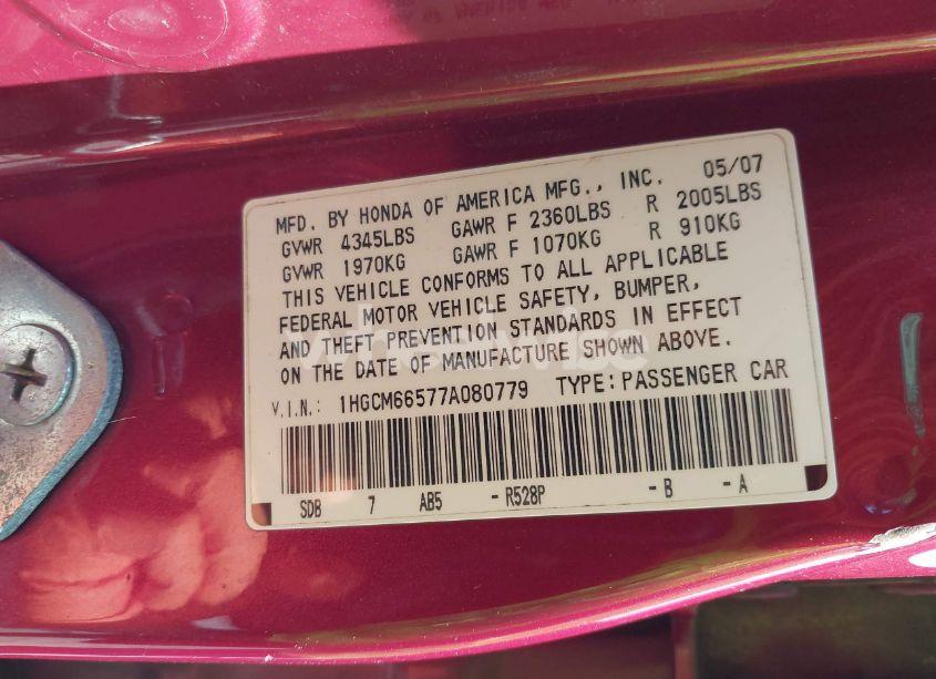 Photo 9 of 2007 Honda Accord 3.0 EX (VIN 1HGCM66577A080779)