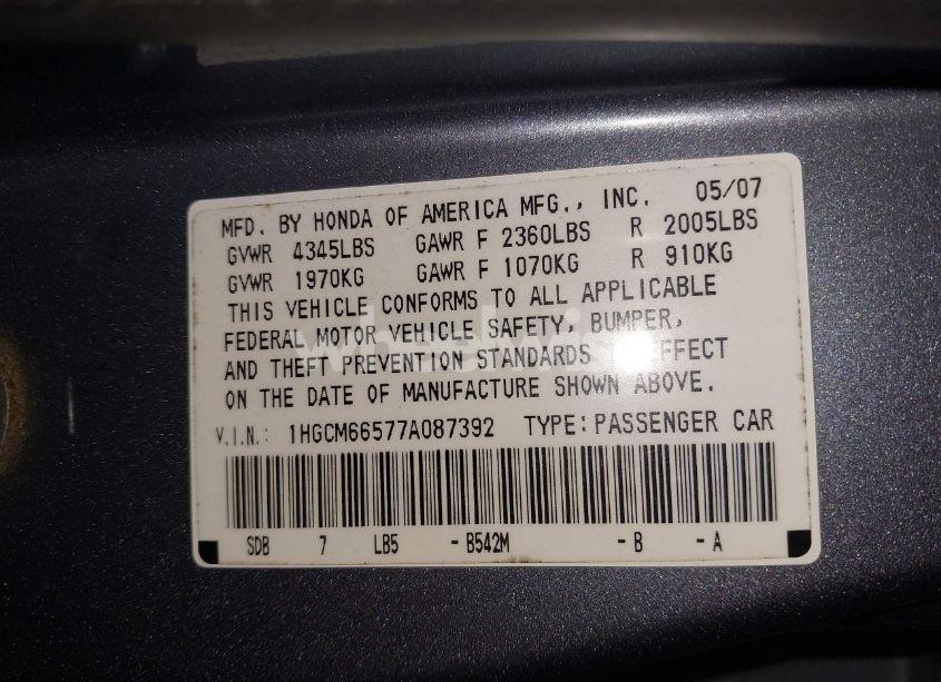 Photo 9 of 2007 Honda Accord 3.0 EX (VIN 1HGCM66577A087392)