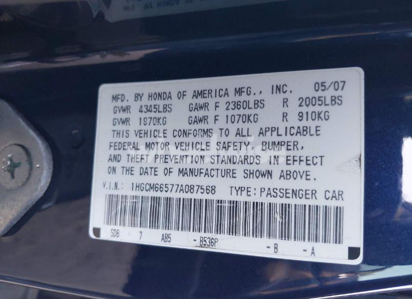 Photo 9 of 2007 Honda Accord 3.0 EX (VIN 1HGCM66577A087568)