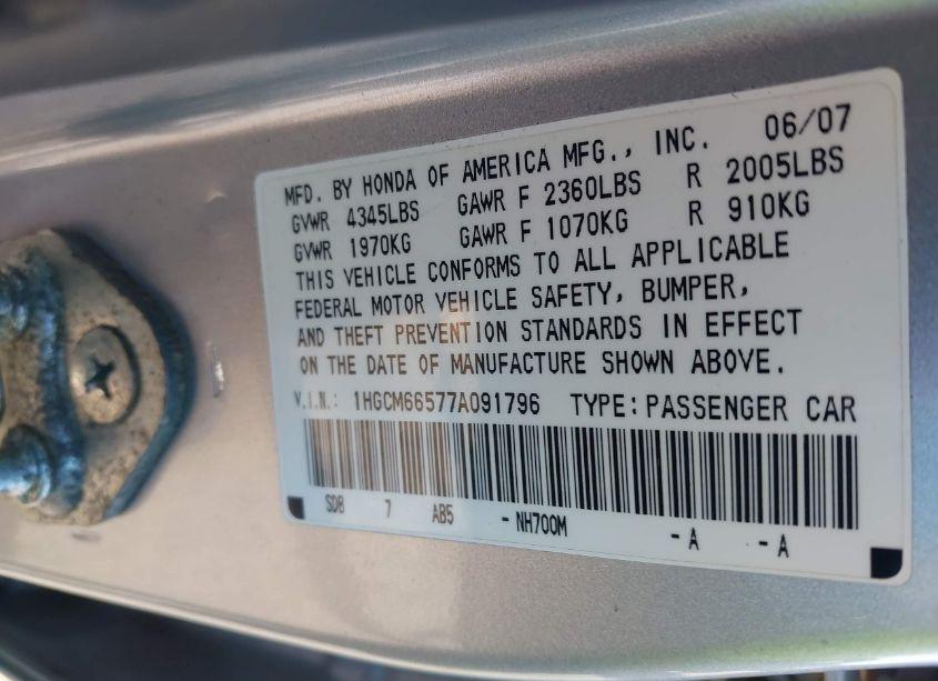 Photo 9 of 2007 Honda Accord 3.0 EX (VIN 1HGCM66577A091796)