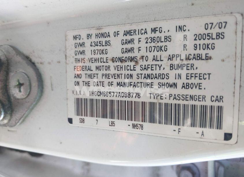 Photo 9 of 2007 Honda Accord 3.0 EX (VIN 1HGCM66577A098778)