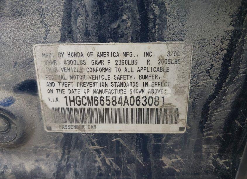 Photo 9 of 2004 Honda Accord 3.0 EX (VIN 1HGCM66584A063081)