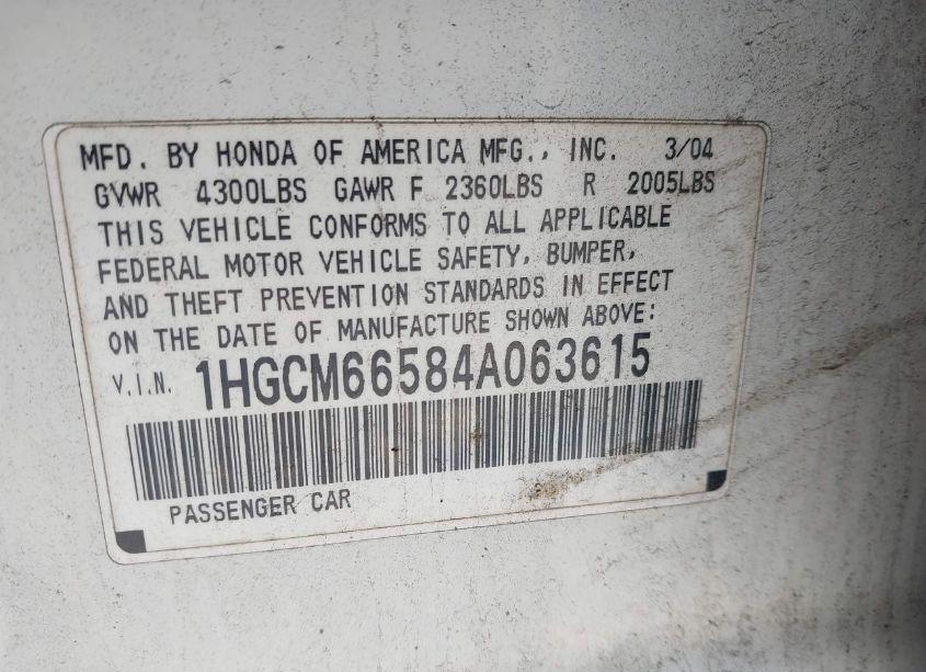 Photo 9 of 2004 Honda Accord 3.0 EX (VIN 1HGCM66584A063615)