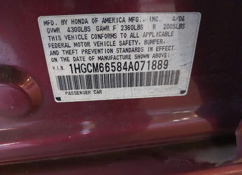 Photo 9 of 2004 Honda Accord 3.0 EX (VIN 1HGCM66584A071889)