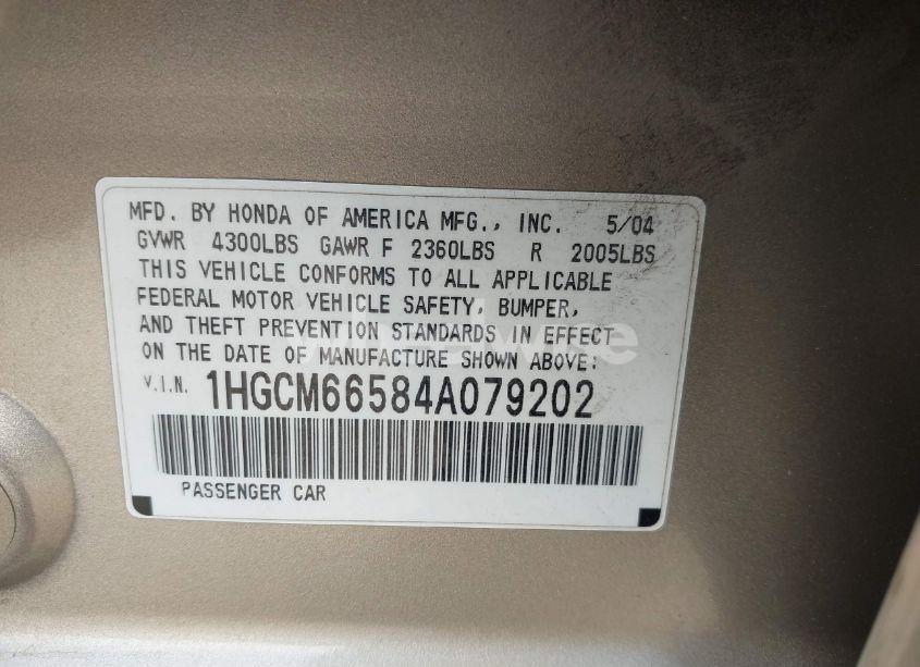 Photo 9 of 2004 Honda Accord 3.0 EX (VIN 1HGCM66584A079202)