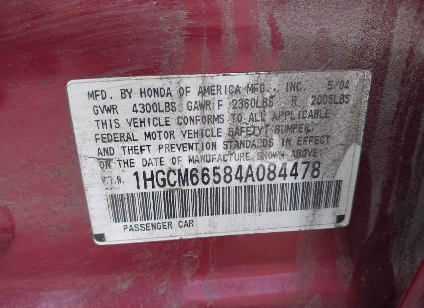 Photo 9 of 2004 Honda Accord 3.0 EX (VIN 1HGCM66584A084478)