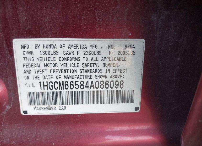 Photo 9 of 2004 Honda Accord 3.0 EX (VIN 1HGCM66584A086098)