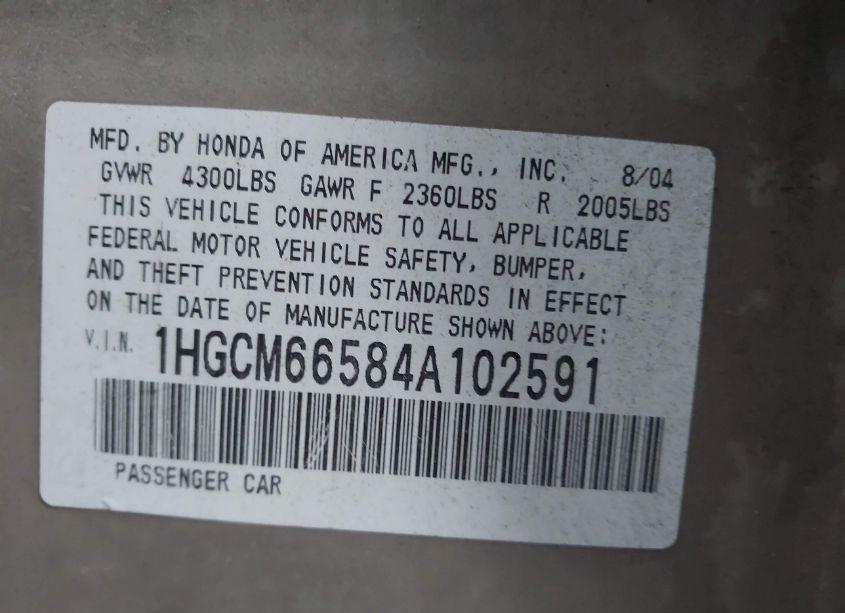 Photo 9 of 2004 Honda Accord 3.0 EX (VIN 1HGCM66584A102591)