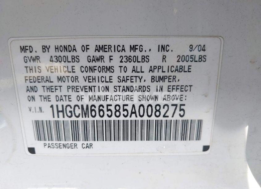 Photo 9 of 2005 Honda Accord 3.0 EX (VIN 1HGCM66585A008275)