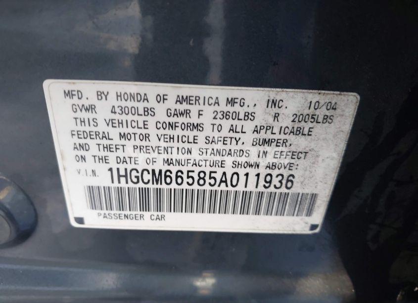 Photo 9 of 2005 Honda Accord 3.0 EX (VIN 1HGCM66585A011936)