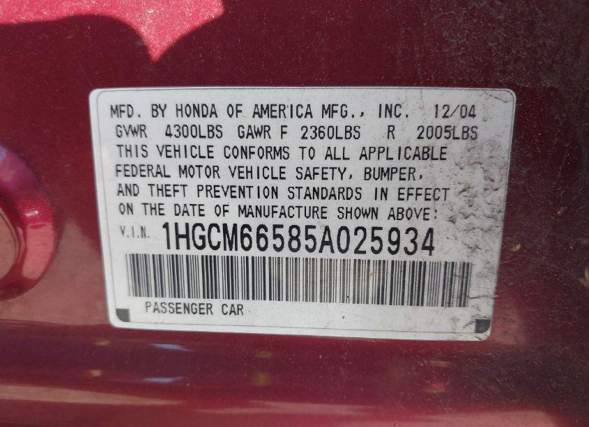 Photo 9 of 2005 Honda Accord 3.0 EX (VIN 1HGCM66585A025934)