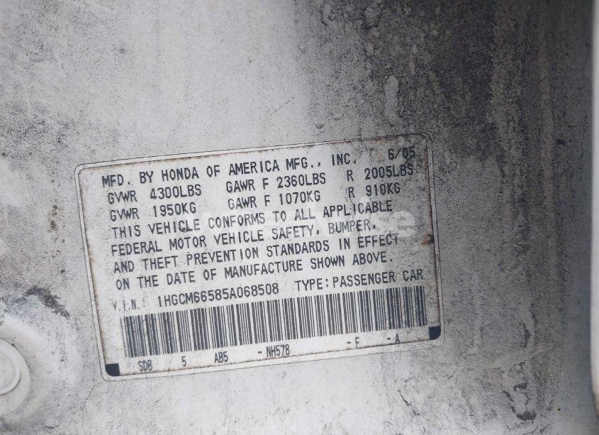 Photo 9 of 2005 Honda Accord 3.0 EX (VIN 1HGCM66585A068508)
