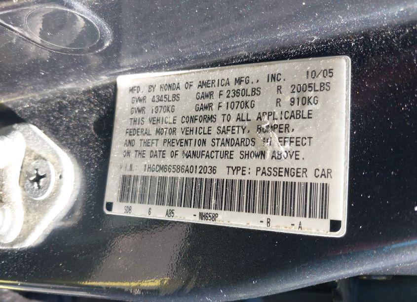 Photo 9 of 2006 Honda Accord 3.0 EX (VIN 1HGCM66586A012036)