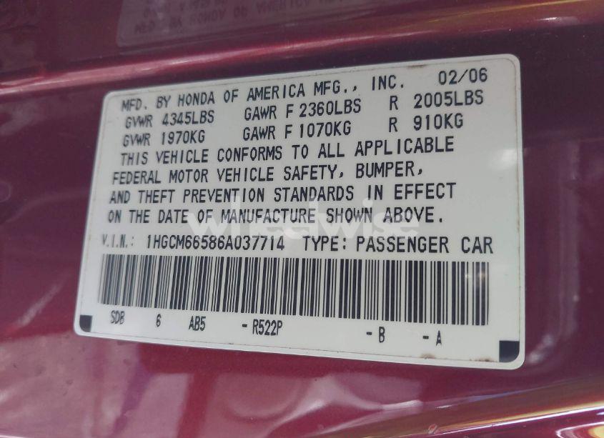 Photo 9 of 2006 Honda Accord 3.0 EX (VIN 1HGCM66586A037714)