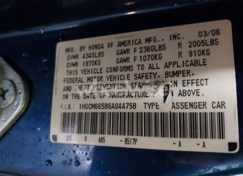 Photo 9 of 2006 Honda Accord 3.0 EX (VIN 1HGCM66586A044758)