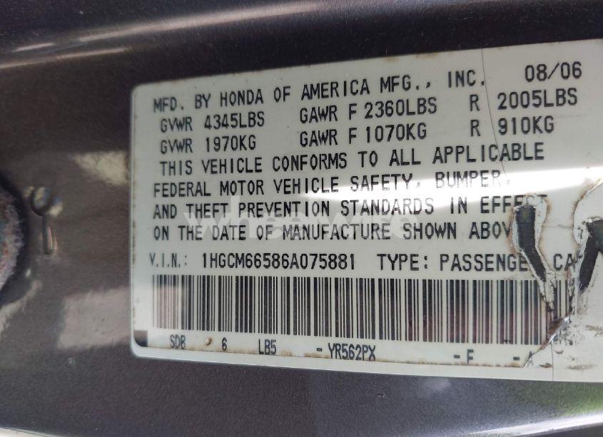 Photo 9 of 2006 Honda Accord 3.0 EX (VIN 1HGCM66586A075881)