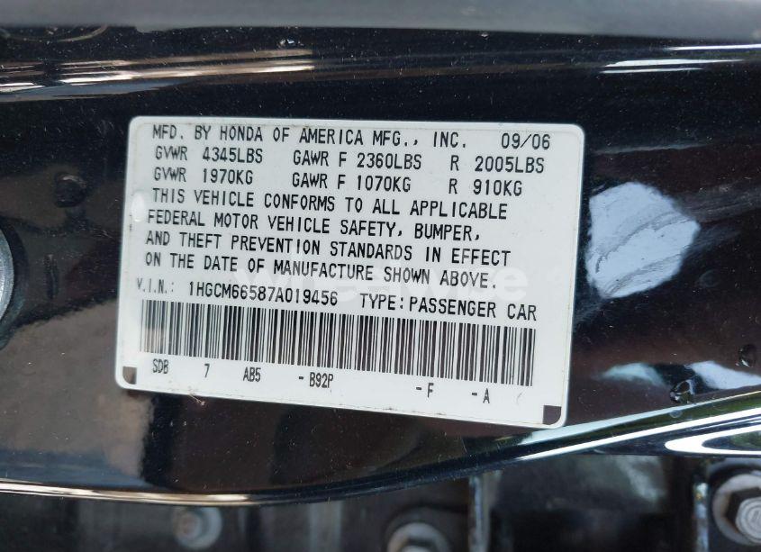 Photo 9 of 2007 Honda Accord 3.0 EX (VIN 1HGCM66587A019456)