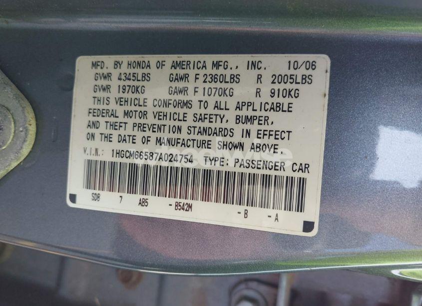 Photo 9 of 2007 Honda Accord 3.0 EX (VIN 1HGCM66587A024754)