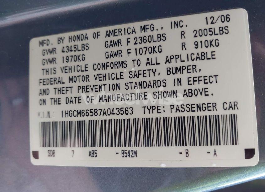 Photo 9 of 2007 Honda Accord 3.0 EX (VIN 1HGCM66587A043563)