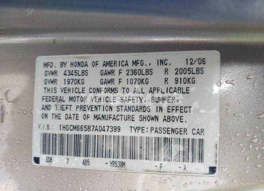 Photo 9 of 2007 Honda Accord 3.0 EX (VIN 1HGCM66587A047399)