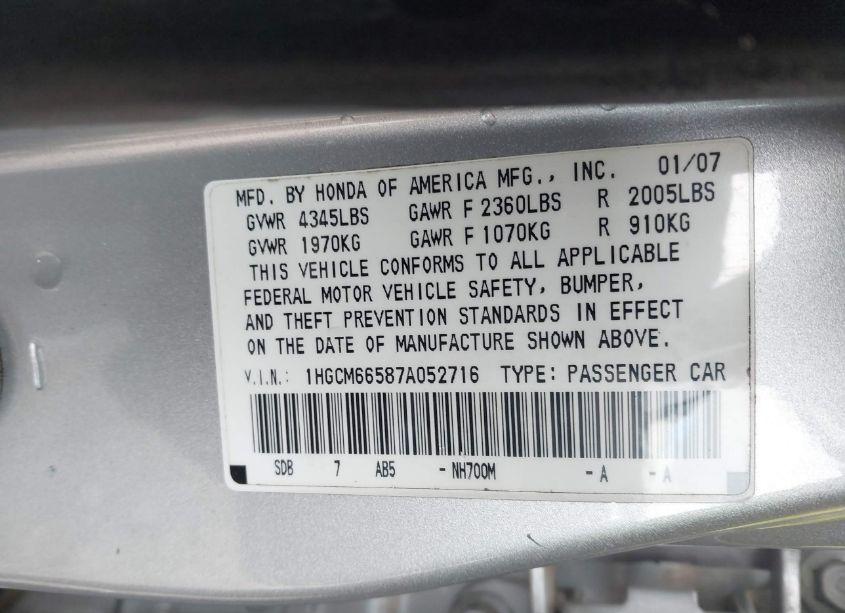 Photo 9 of 2007 Honda Accord 3.0 EX (VIN 1HGCM66587A052716)
