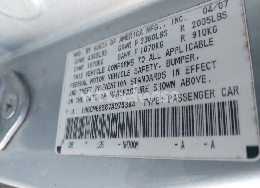 Photo 9 of 2007 Honda Accord 3.0 EX (VIN 1HGCM66587A074344)