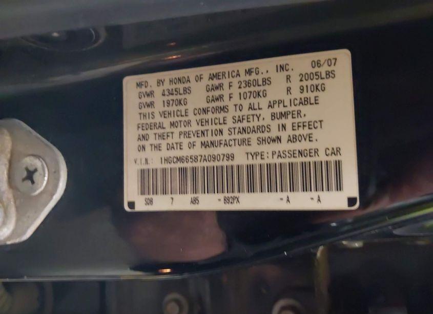 Photo 9 of 2007 Honda Accord EX (VIN 1HGCM66587A090799)