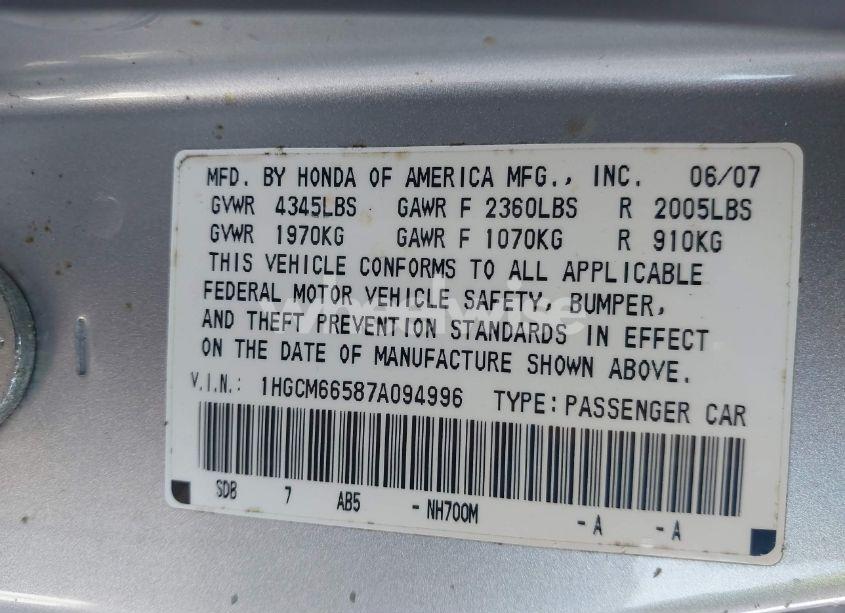 Photo 9 of 2007 Honda Accord 3.0 EX (VIN 1HGCM66587A094996)