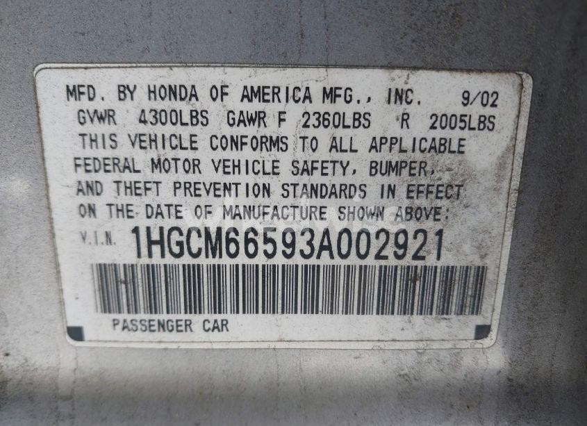 Photo 9 of 2003 Honda Accord 3.0 EX (VIN 1HGCM66593A002921)