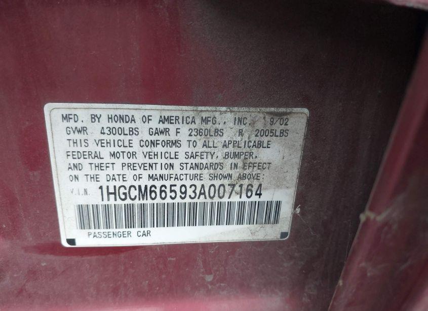 Photo 9 of 2003 Honda Accord 3.0 EX (VIN 1HGCM66593A007164)