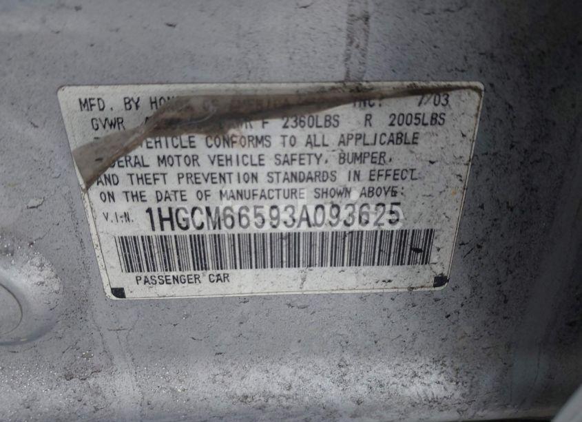 Photo 9 of 2003 Honda Accord 3.0 EX (VIN 1HGCM66593A093625)