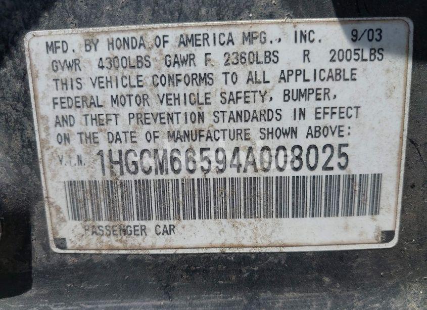 Photo 9 of 2004 Honda Accord 3.0 EX (VIN 1HGCM66594A008025)