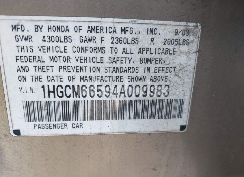 Photo 9 of 2004 Honda Accord 3.0 EX (VIN 1HGCM66594A009983)