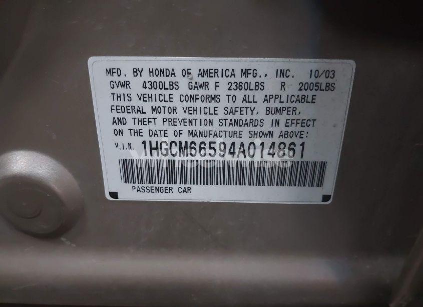 Photo 9 of 2004 Honda Accord 3.0 EX (VIN 1HGCM66594A014861)