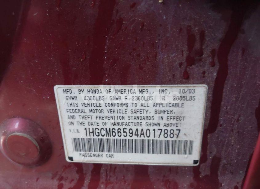 Photo 9 of 2004 Honda Accord 3.0 EX (VIN 1HGCM66594A017887)