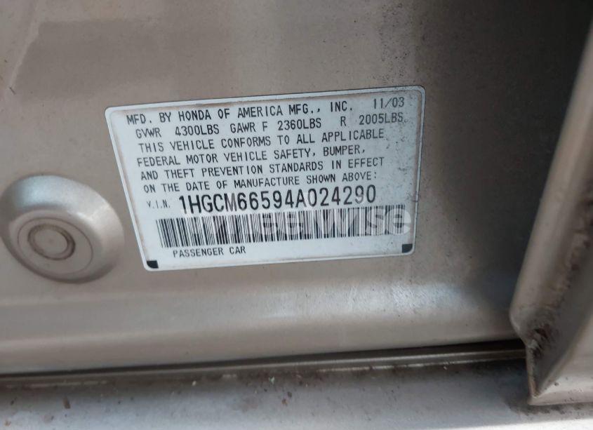 Photo 9 of 2004 Honda Accord 3.0 EX (VIN 1HGCM66594A024290)