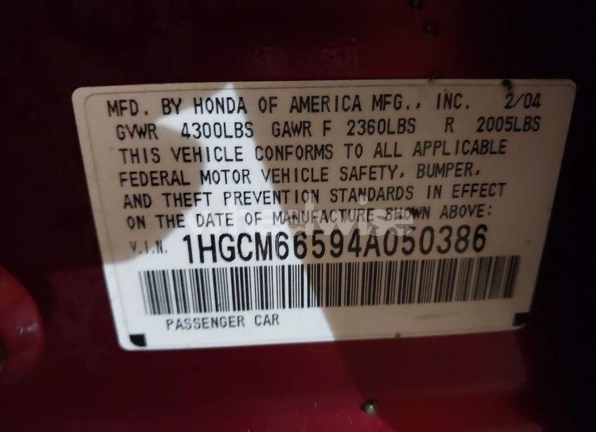 Photo 9 of 2004 Honda Accord 3.0 EX (VIN 1HGCM66594A050386)