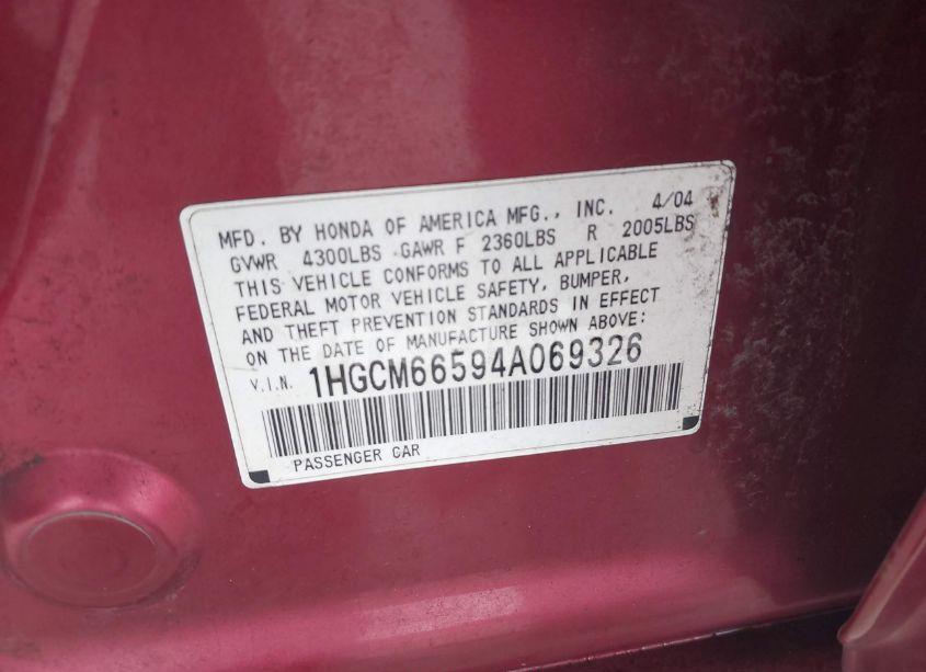 Photo 9 of 2004 Honda Accord 3.0 EX (VIN 1HGCM66594A069326)