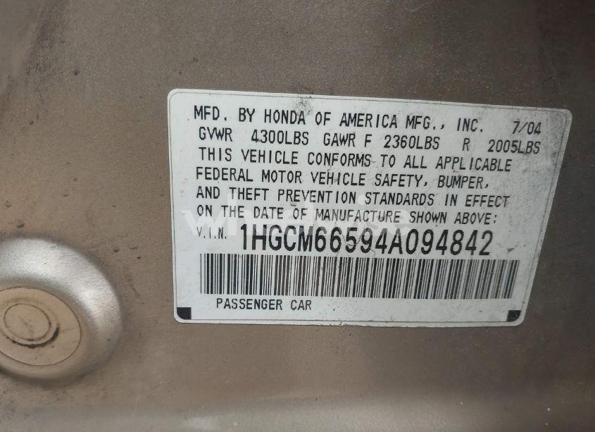 Photo 9 of 2004 Honda Accord 3.0 EX (VIN 1HGCM66594A094842)
